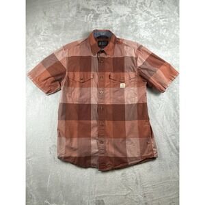 Carhartt Men's Brown Rust Plaid Relaxed Fit Button Down Shirt Short Sleeve Med